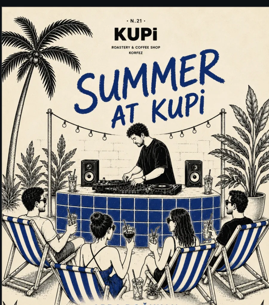 Kupi bahçesinde şezlonglar ve DJ ile Summer at Kupi illüstrasyonu